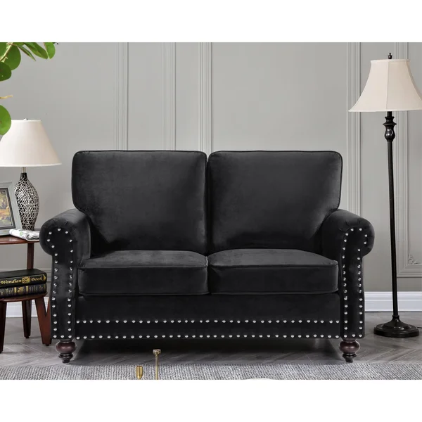 Ramos Nailhead Velvet Loveseat - Black