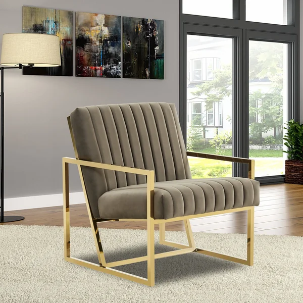 LeisureMod Montgomery Velvet Pinstripe Design Accent Armchair with Gold Frame Purple