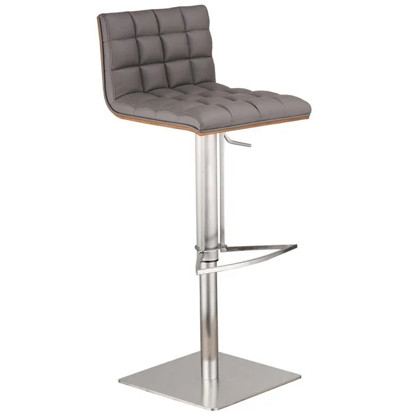 Armen Living Doug Adjustable Brushed Stainless Steel Bar Stool in Gray Faux Leather with Walnut BACK, Gray/Brushed Stainless Ste