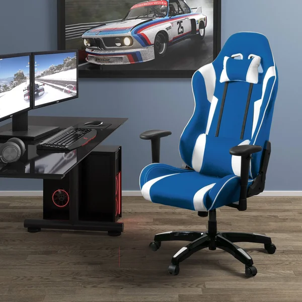Porch & den Banton Bonded Leather, Fabric, and Mesh High-Back Ergonomic Gaming Chair - White/Blue