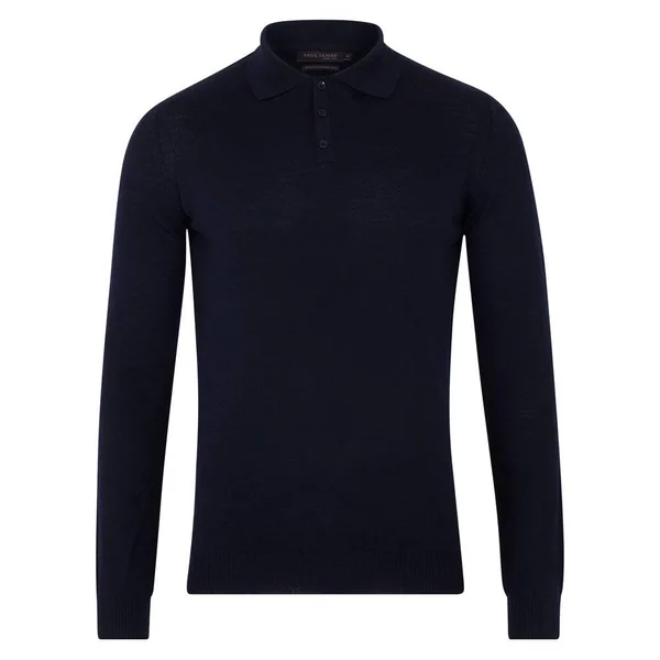 Mens Extra Fine Merino Wool Long Sleeve Polo Shirt - Navy, Xs