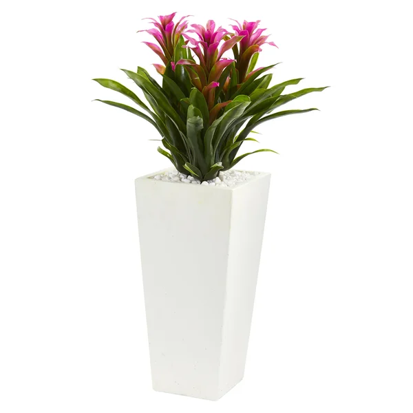 Nearly Natural Artificial Triple Bromeliad Plant in White Tower Planter Purple