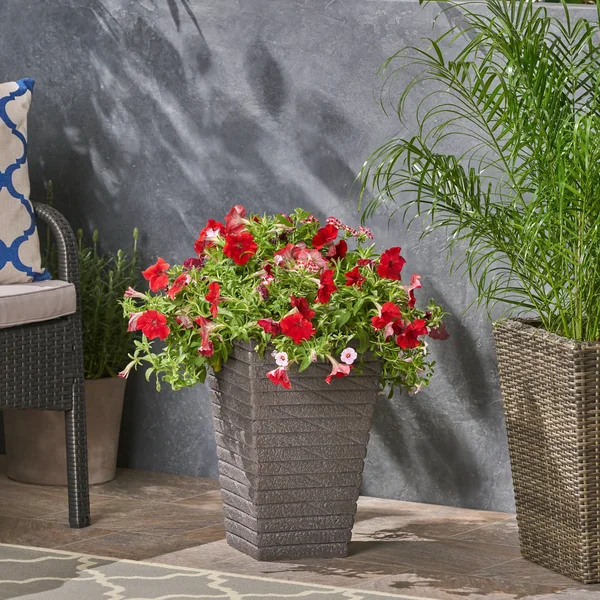 GDF Studio Hedy Garden Urn Planter, Square, Tapered, Riveted, Black Lightweight Concrete