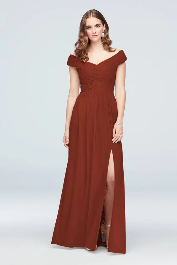 David&s Bridal Crisscross Off-The-Shoulder Mesh Bridesmaid Dress - Cinnamon (Brown), 8