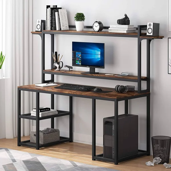 55 inch Large Writing Computer Desk with Storage - Rustic Brown