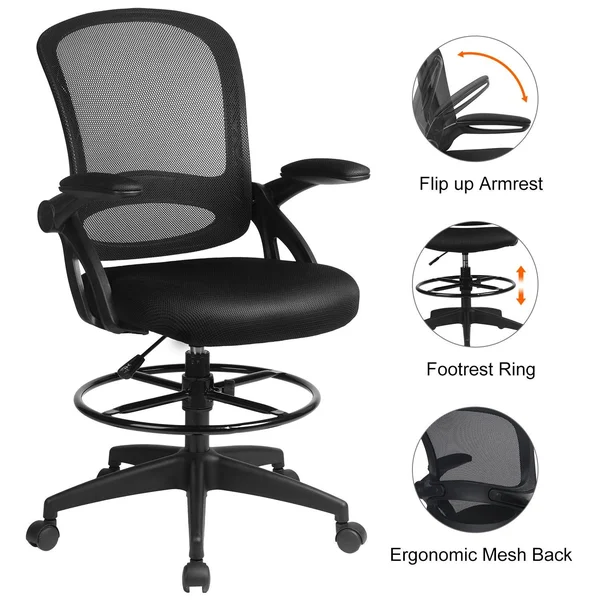 Comhoma Drafting Chair Mid Back Mesh Office Chair with Flip Up Armrests - Black