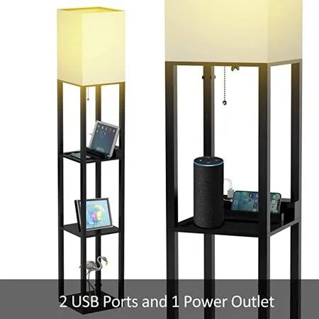 Floor Lamp with Shelves - Shelf Floor Lamps by Real Solid Wood with 2 USB Ports & 1 Power Outlet, Floor Lamps for Bedrooms