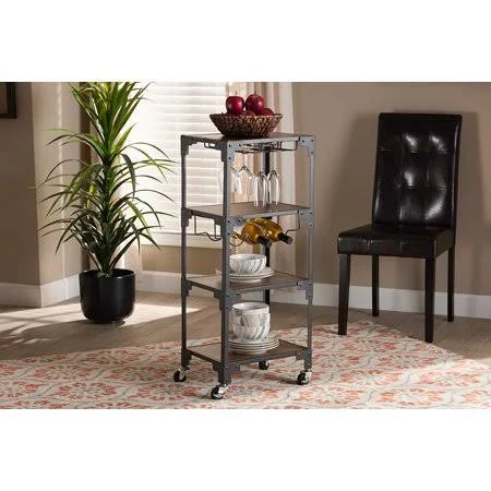 Skyline Decor Victor Industrial Rustic Walnut Finished Wood and Black Metal 4-Tier Mobile Wine Cart
