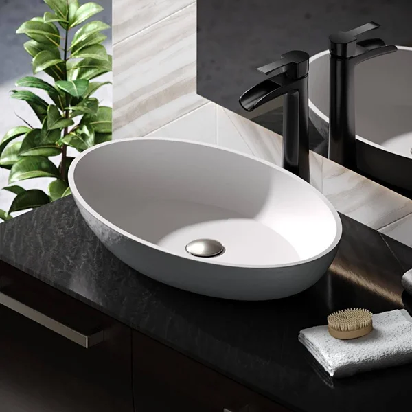 Rene R11-5001-PLT-R9-7007 Stone Composite Oval Vessel Sink with Faucet - Platinum, Brushed Nickel