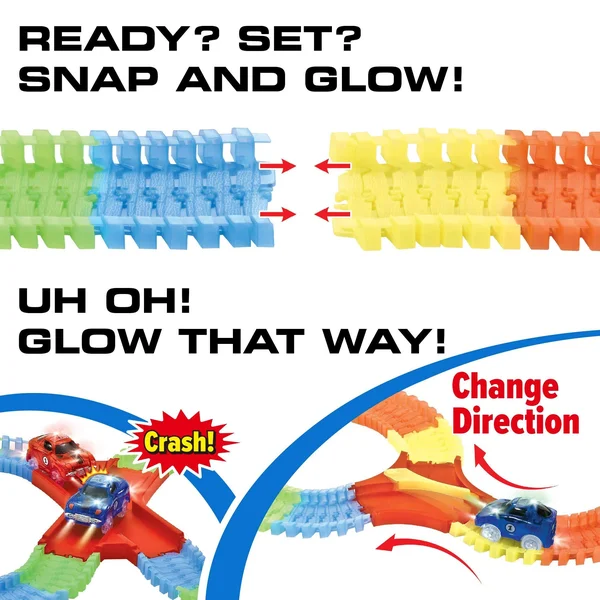 Glow Race Tracks for Boys 360pk Flexible Glow in The Dark Magic Snap Race Tracks for Kids w/ Light Up Car Toys - Car Racing Track