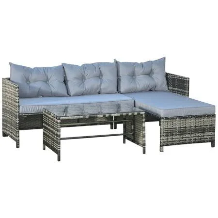 Outsunny 3-Piece Rattan Patio Furniture Sofa Set Conversation Set, Sectional Lounge Chaise Cushioned for Garden Poolside or Porc