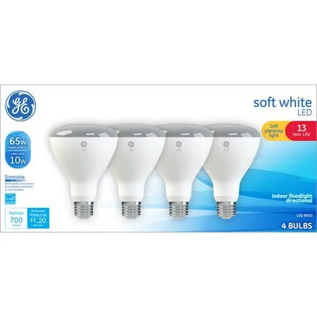 GE LED 10W (65w Equivalent) Soft White, BR30 Indoor Flood Light Bulbs, Medium Base, Dimmable, 4 Count - 2 Pack