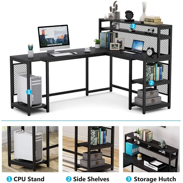 Tribesigns 67 inch Large L-Shaped Computer Desk with Hutch and Bookshelf - Home Office Desk with Storage Shelves and CPU Stand, B
