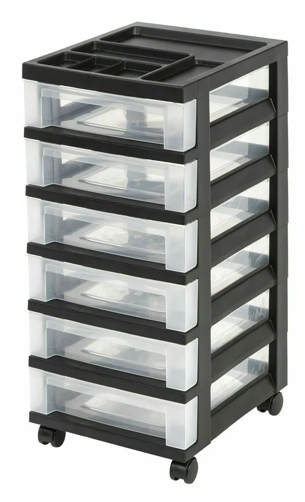Iris 6-Drawer Storage Cart with Organizer Top Black