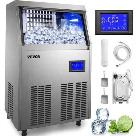 Vevor 110V Commercial Ice Maker 110-120LBS/24H with 33lbs Bin and Electric Water Drain Pump - Clear Cube, Stainless Steel Constru
