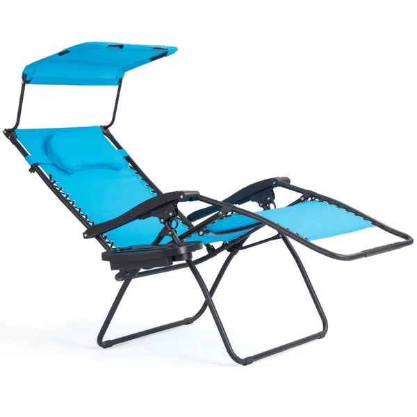 Folding Recliner Lounge Chair with Shade Canopy Cup Holder-Blue