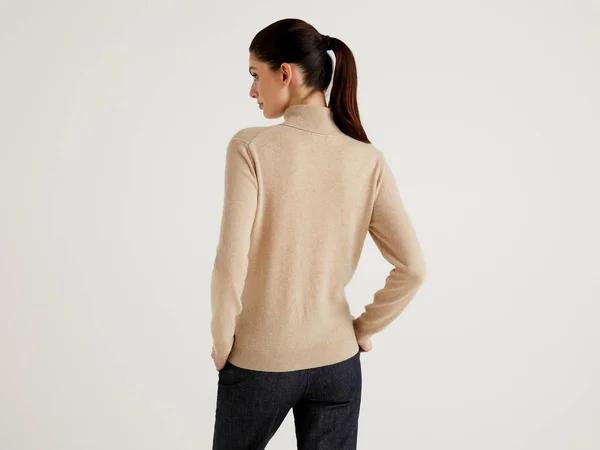 Benetton - Beige Turtleneck Sweater in Pure Merino Wool Customizable, Size M, Beige, Women