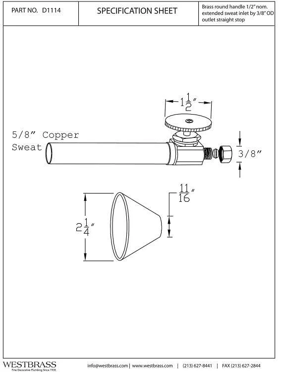 Westbrass d1114-26 Straight Stop - 1/2 in. Copper Sweat x 3/8 in. OD Comp. - Polished Chrome