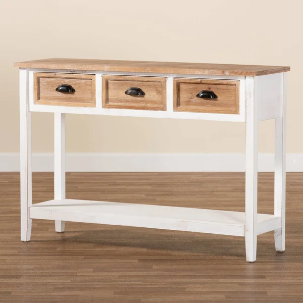 Baxton Studio Benedict Traditional Farmhouse and Rustic Two-Tone White and Oak Brown Finished Wood 3-Drawer Console Table