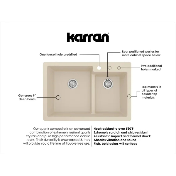 Karran 33x22 Drop In/Topmount Quartz Composite Kitchen Sink, 60/40 Double Bowl, White, QT-811-WH