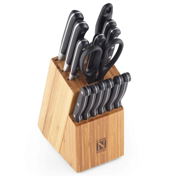 Cook N Home 02630 15-Piece Knife Set with Bamboo Storage Block, Stainless STEE Silver