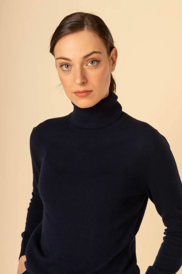 Women's Cashmere Classic Turtleneck Blue - Gobi Cashmere - M, Navy, WK05-1479
