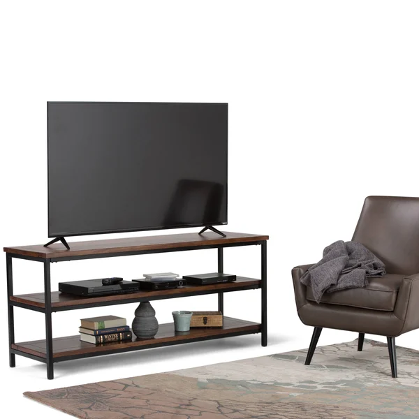 Wyndenhall Rhonda Solid Mango Wood 60 inch Wide Modern Industrial TV Media Stand in Dark Cognac Brown for TVs Up to 65 Inches