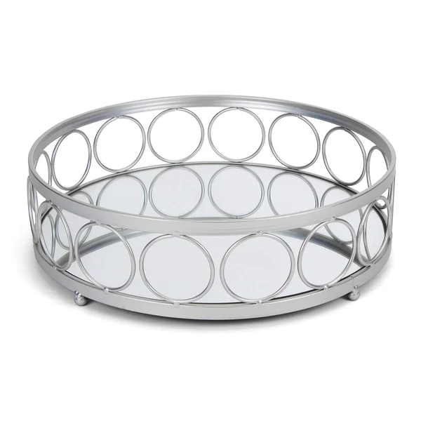 Rutledge & King Ottoman Tray- Silver Mirror Tray - Decorative Round Metal Tray - Ornate Coffee Table Tray - Serving Tray Cha