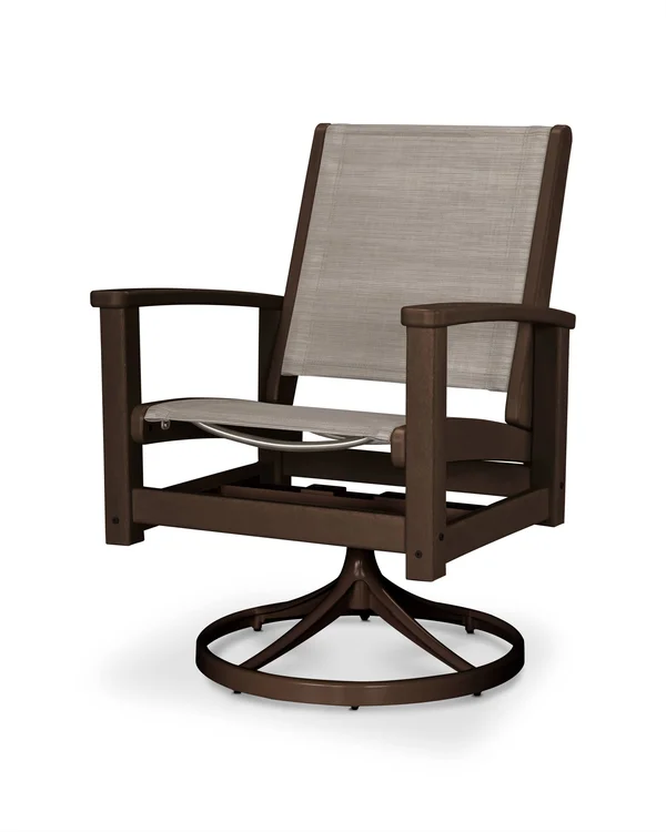 POLYWOOD Coastal Swivel Rocker in Satin Mahogany - Mahogany, Metallic Sling