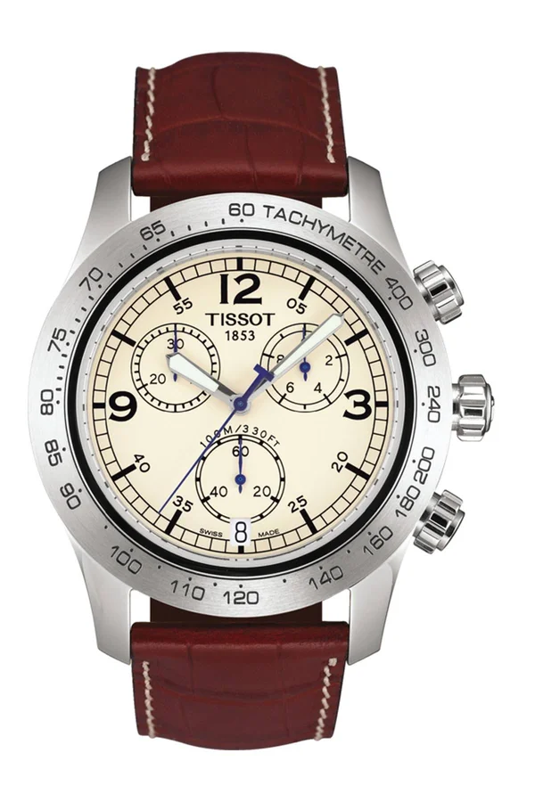 Tissot V8 Chronograph Leather Strap Watch, 43mm Brown/ Ivory/ Silver
