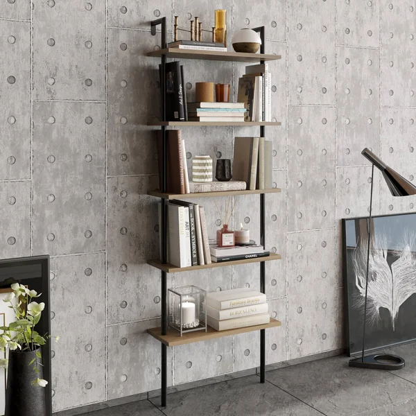 Decorotika Paula 68&& Tall Metal Wood Accent Ladder Bookcase - Black & Oud Oak