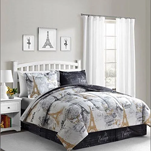 Bon Jour Paris - Eiffel Tower, Black & White Reversible Cal King Comforter Set (8 Piece Bed in A Bag)