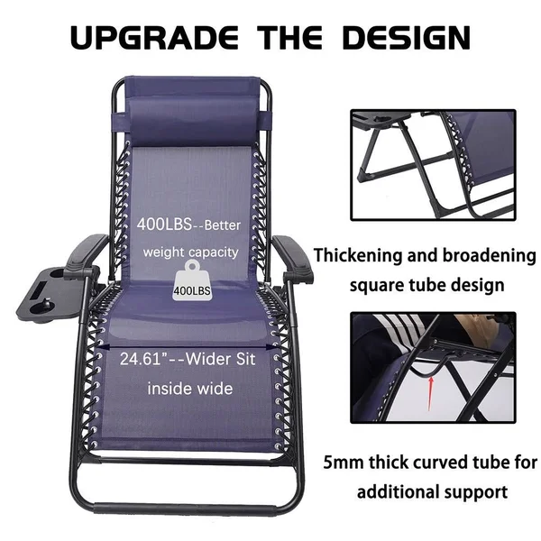 Outdoor Garden Patio Folding Lounge Chair with Pillow and Cup Holder - Navy Blue