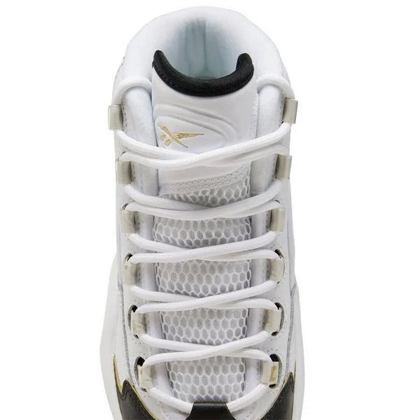 Reebok Question Mid White/Black/Gold Grade School Kids& Shoes, Size: 5.5