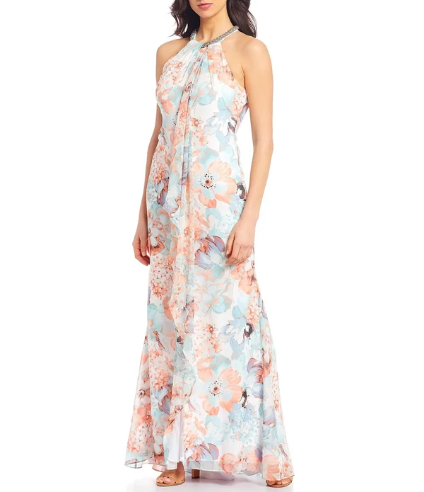 Calvin Klein Beaded Halter Neck Sleeveless Floral Print Chiffon Gown - 12