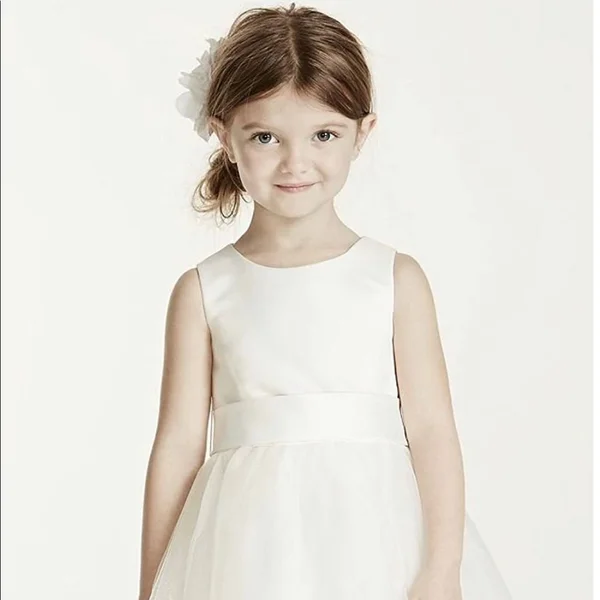 Satin Flower Girl - Communion Dress with Tulle Skirt - White, 4