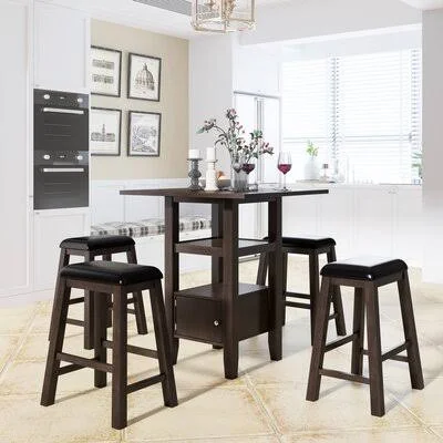 5 Pieces Counter Height Wood Kitchen Dining Table Set with 4 Upholstered Stools - Brown Red Barrel Studio Table Top Color: Black
