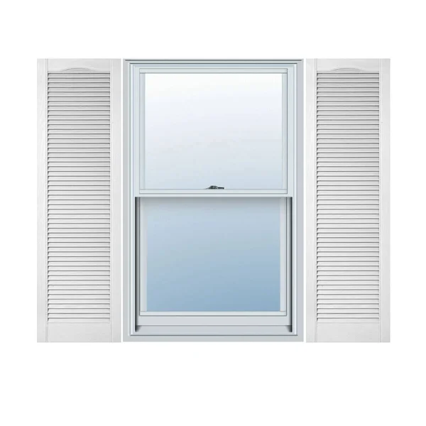 12 inchw x 35 inchh Lifetime Vinyl, Custom Cathedral Top All Louver, Open Louver Shutters, w/Shutter-Loks (Per Pair), Bright Whi
