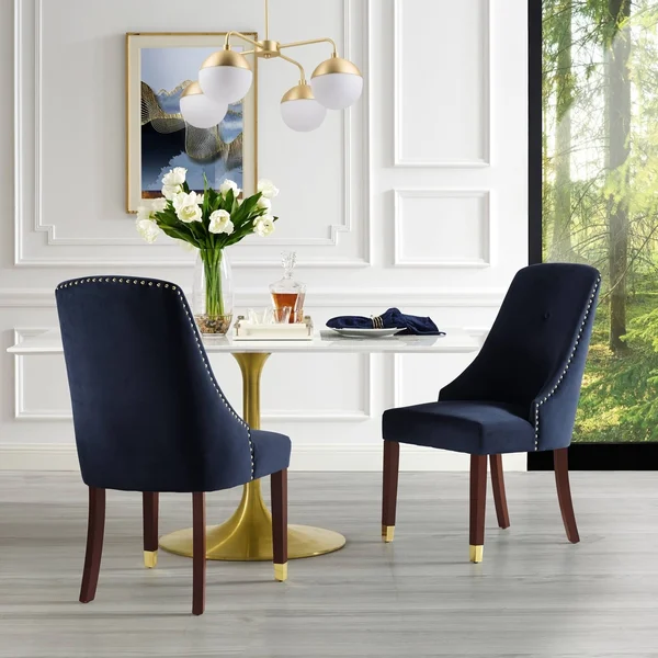 Inspired Home piers Leather PU or Velvet Dining Chair Single Tuft (Set of 2) Light Grey/Silver Chrome Finish Velvet