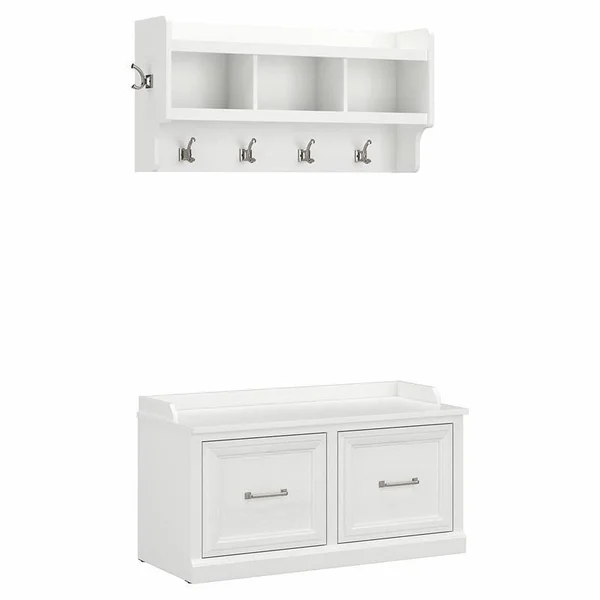 kathy ireland Home Woodland - Storage bench and wall coat rack set - 12 hooks - laminated engineered wood - white ash