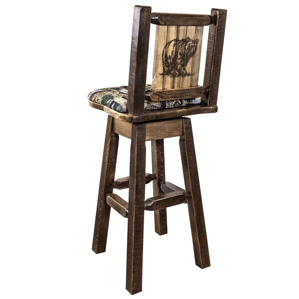 Montana Woodworks MWHCBSWSNRSLWOOD24LZBEAR Homestead Counter Height Barstool with Back & Swivel Woodland Upholstery with Las