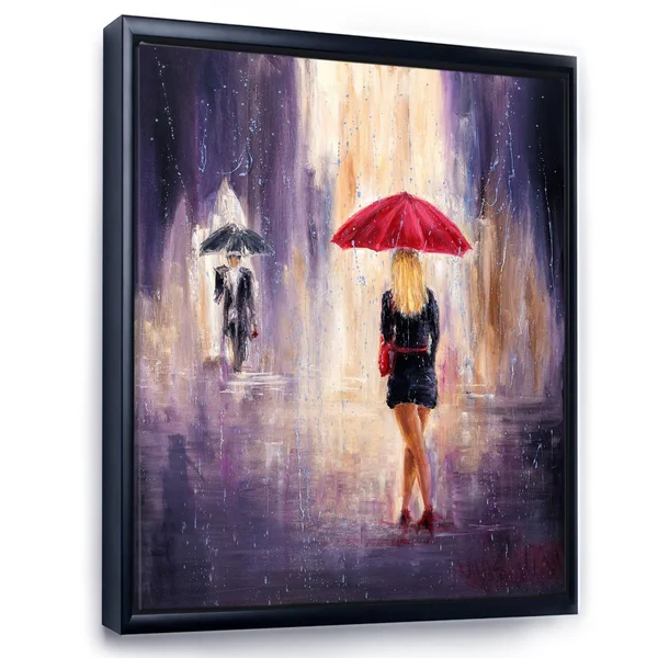 Designart 'The Woman with The Umbrella Walking in The Rain II' French Country Framed Canvas Wall Art Print - 12 in. Wide x 20 in