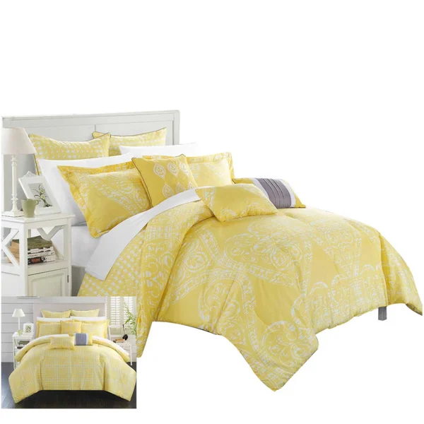 Parma Sicily Reversible Printed Comforter Set Yellow, Size: Queen