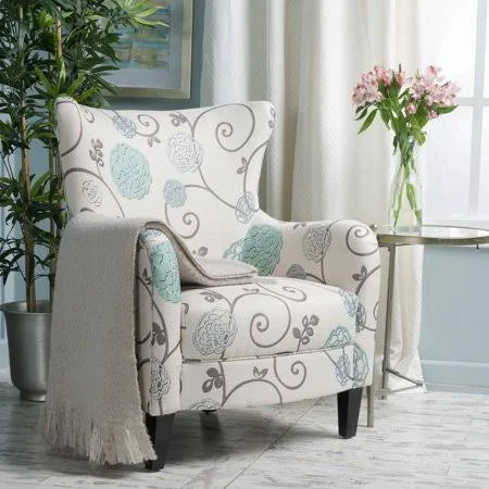 Noble House Charlotte Fabric Club Chair - White and Blue Floral