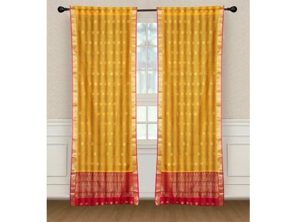 2 Lined Yellow Bohemian Indian Sari Curtains Rod Pocket Living Room -43w x 96L