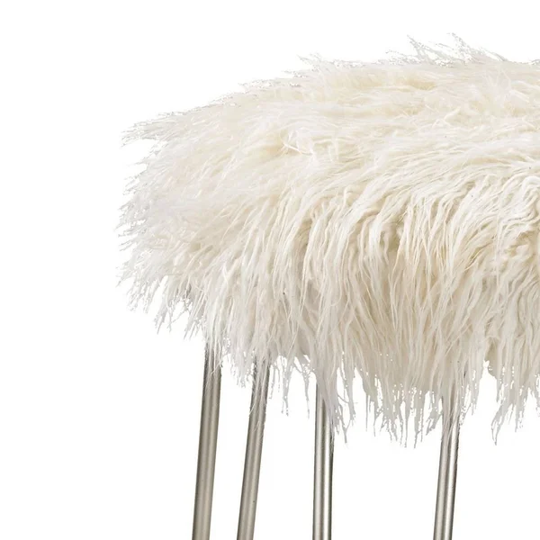 Bailey Street Home Retro White Faux Fur Stool with Silver Legs Made of Faux Fur - Metal in Silver, White Faux Fur Finish