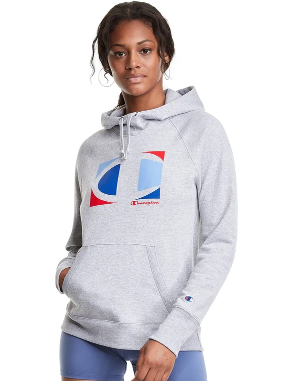 Champion Women's Athletics Powerblend Fleece Classic Hoodie, Colorblock Knockout C Logo Oxford Grey S