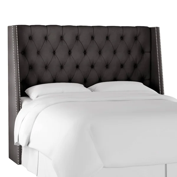 Full Diamond Tufted Wingback Headboard Dark Gray Velvet with Silver Nail Buttons - Skyline Furniture