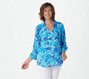 Belle by Kim Gravel Abstract Floral Printed V-Neck Blouse, Size 3X, Blue