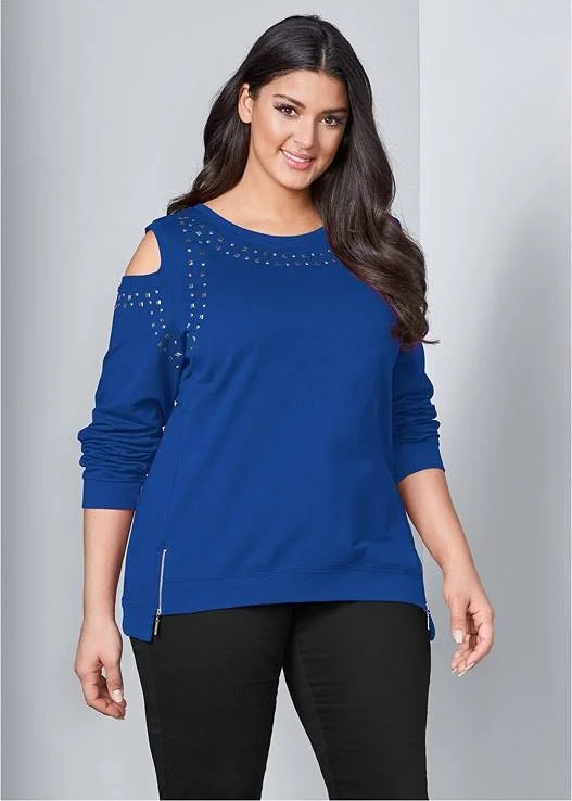 Women's Cold-Shoulder Sweatshirt Loungewear - Blue - Size 2x by Venus